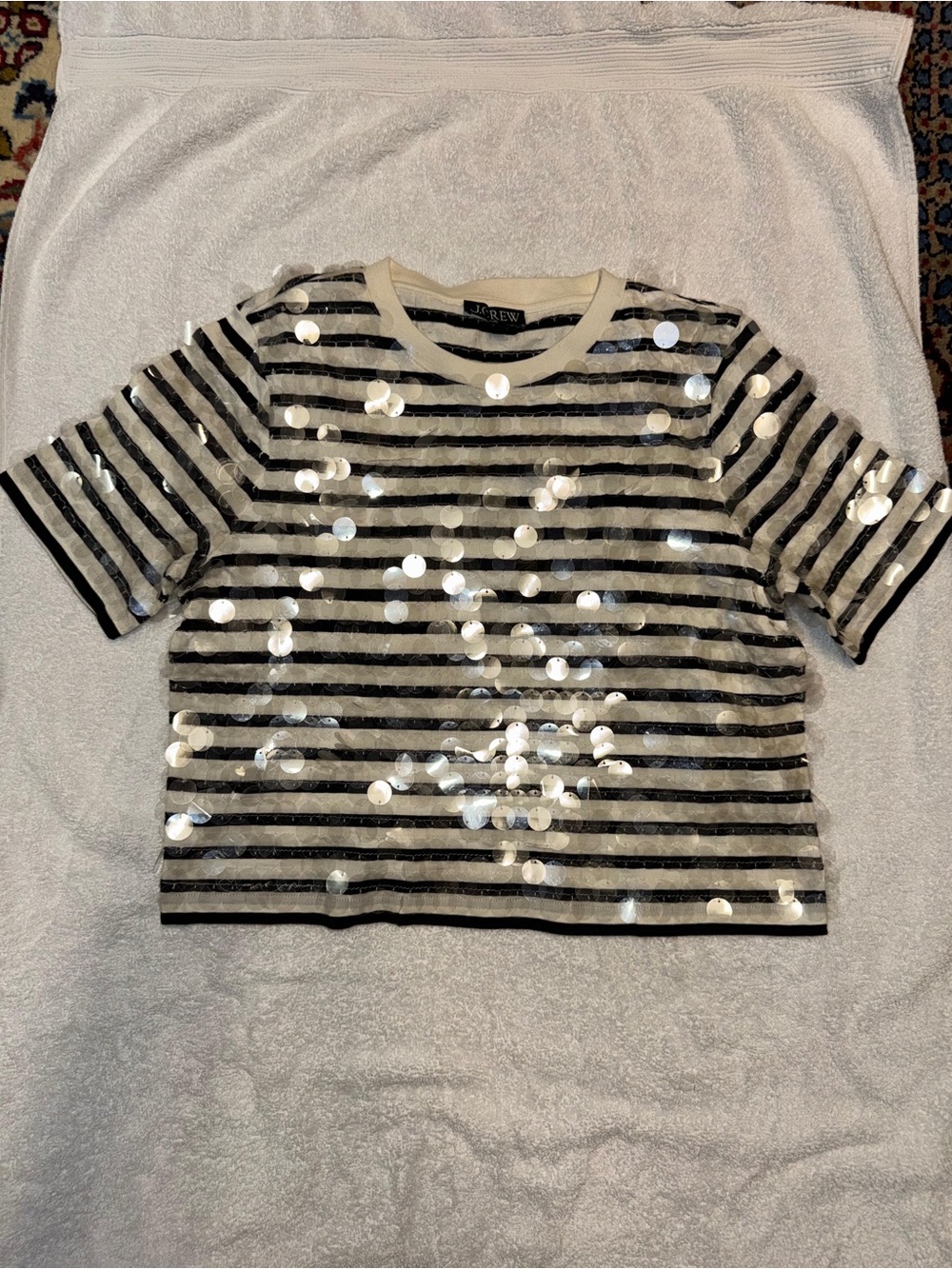 J. Crew Black & Cream Striped Sequin Short-Sleeve Tee